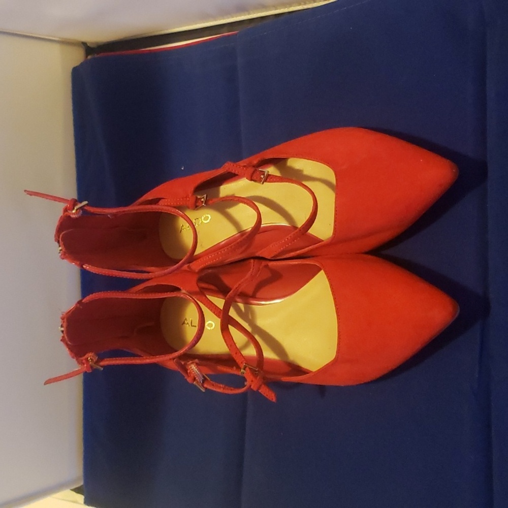 Aldo red suede 3 straps and around ankle straps, zip back flats size 8.5